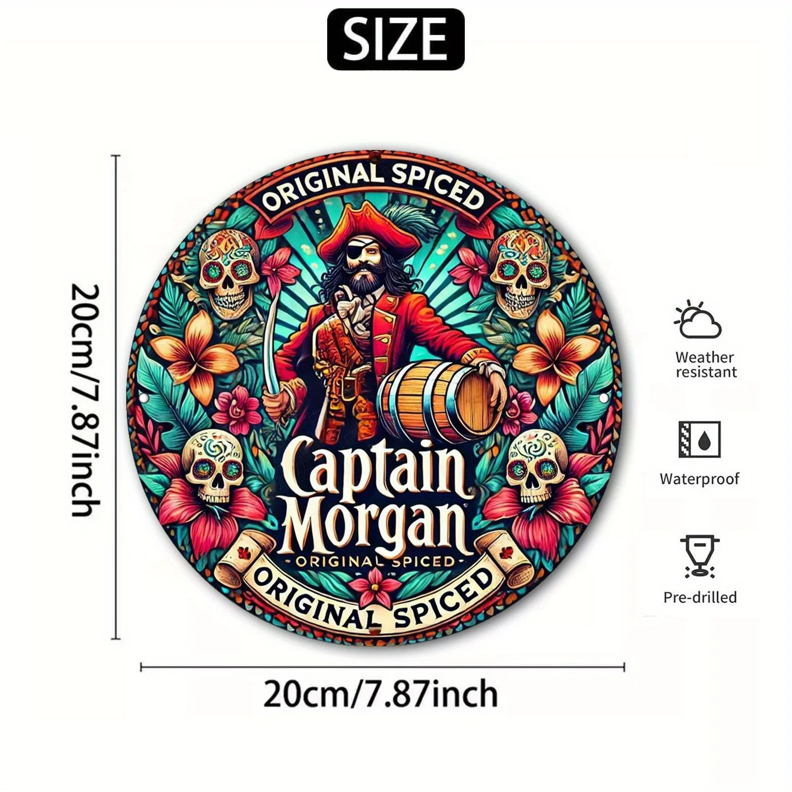 مسطح ثنائي الأبعاد - لافتة معدنية مستديرة كابتن مورغان كاريبيان سبيريت - لوحة فنية جدارية نابضة بالحياة من الألومنيوم بتصميم زهور وجمجمة، مثالية لـ