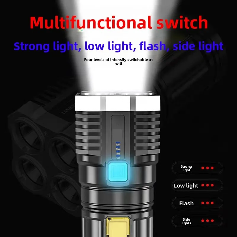 Outdoor 4-LED Super Bright Flashlight, Rechargeable Searchlight with Power Display, Long-Lasting for Home & Emergency Use