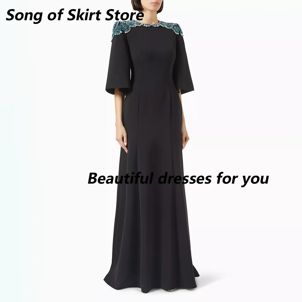 

Crystal Evening Dresses Black Half Sleeves Mermaid Women's Evening Gowns O Neck Trumpet Elegant Wedding Party Dress Customized