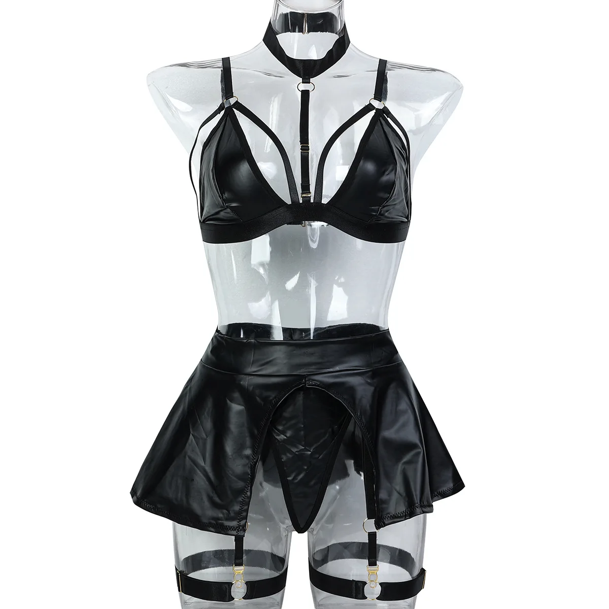 

Black PU Leather Sexy Women's Clothing Neck Hanging Hollow Multi-accessories Four-piece Erotic Underwear
