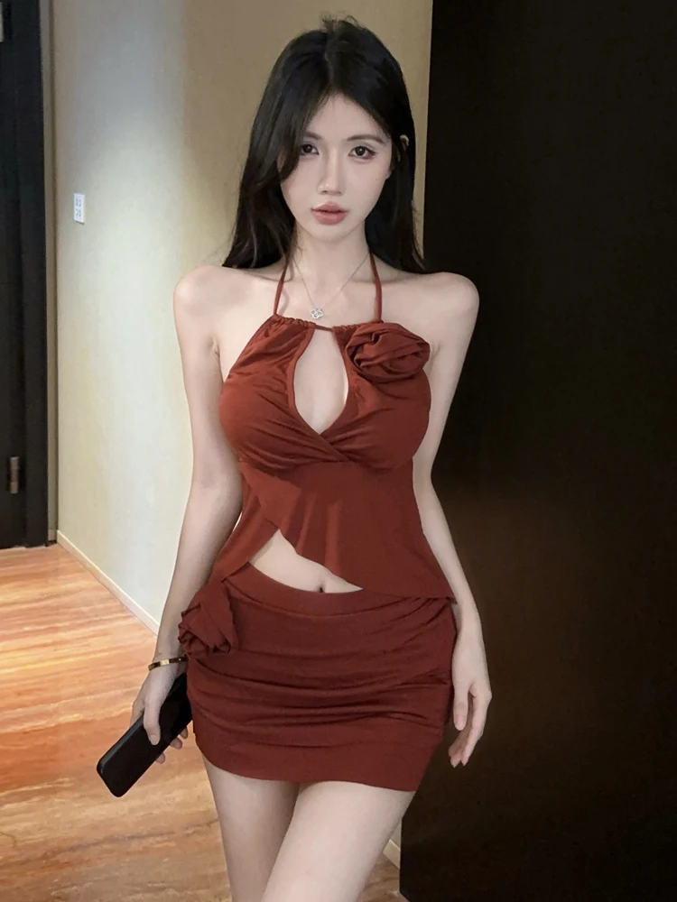 Sexy oco para fora flor colheita superior e saia conjunto na moda csole colete bodycon f corpo saia roupa para jovens