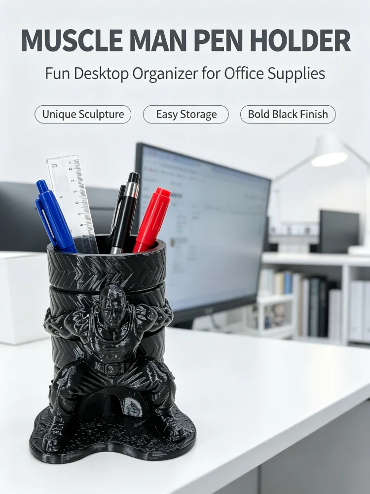 Muscular Man Sculpture Pen Holder, Man-Shaped Strongman Pencil Holder with a Tire, Quirky Creative Desktop Pen Holder, Petg Matte Plastic Large-Capacity Pen Cup, Desktop Stationery Organizer, Office Supplies Storage Box, Stable Base, Practical Storage to Keep the Desk Tidy, Cool Desktop Decoration, Suitable for Students, Office Workers, Fitness Enthusiasts, Novelty Gift for Men