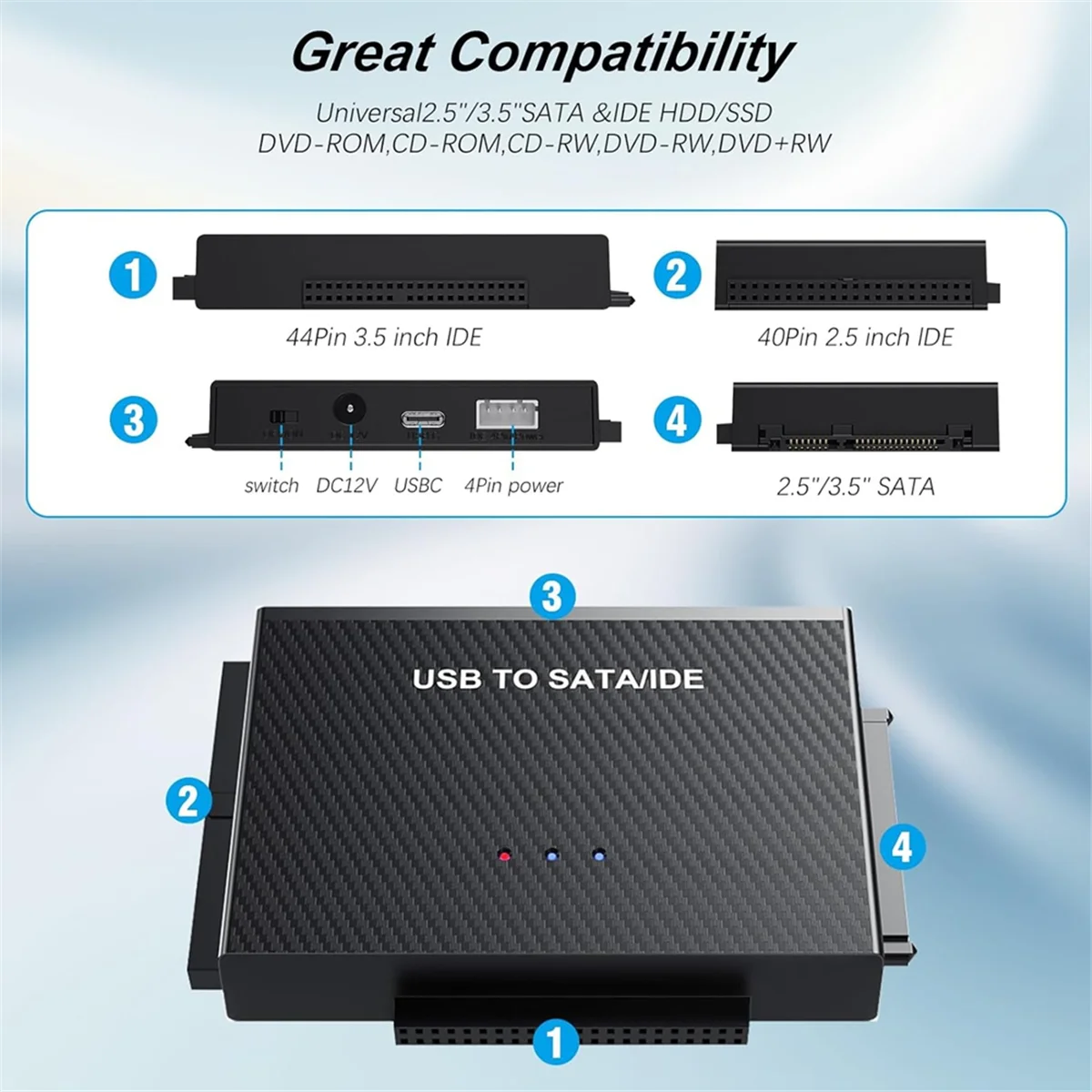 Adaptateur SATA USB 3.2 et IDE, adaptateur de disque dur SATA pour disque dur SATA HDD et IDE HDD 2.5 pouces et 3.5 pouces, prise UE