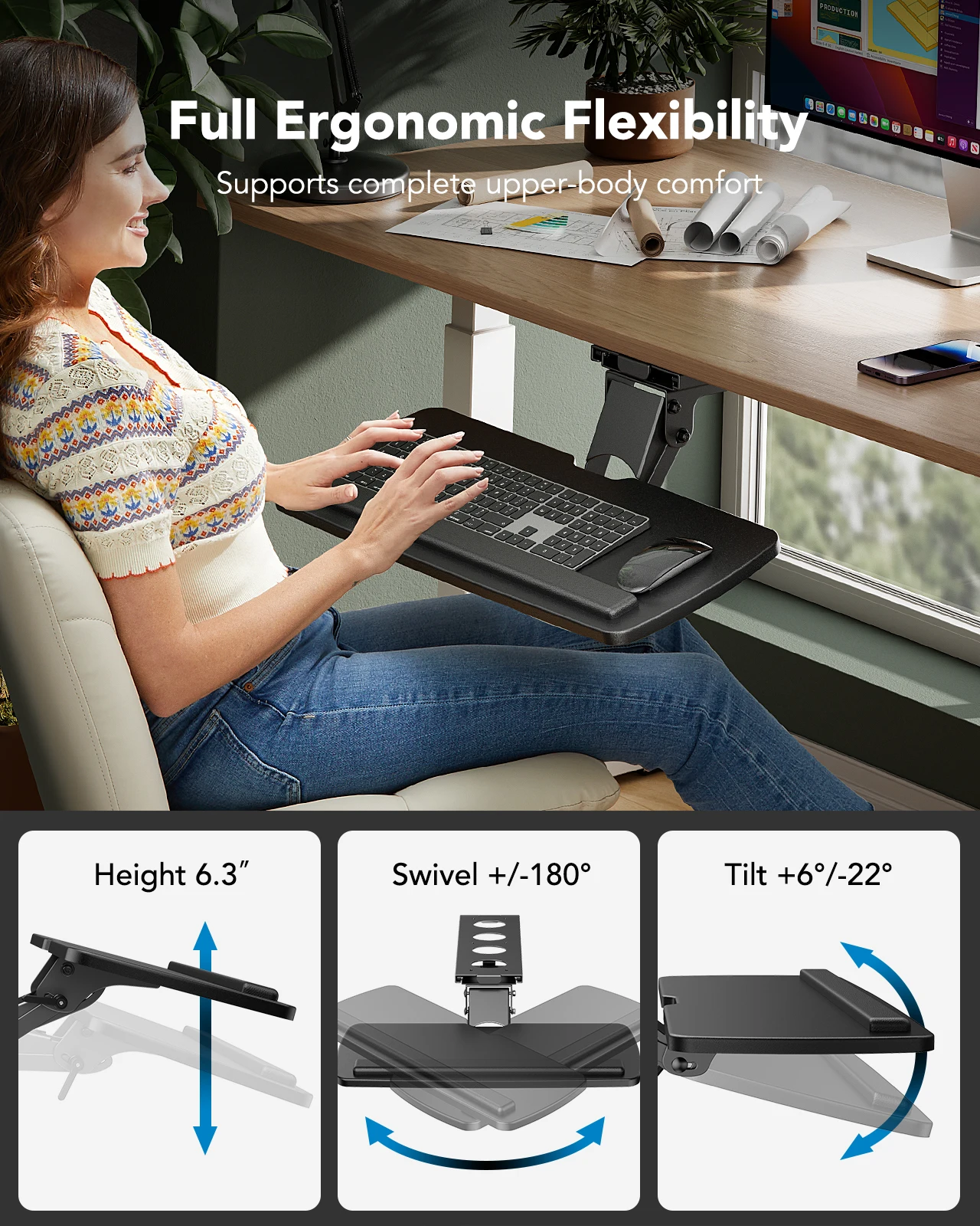 Desk Keyboard Tray, 360 Degree Adjustable Mouse Platform | 25 X 9.84 inch Tray, Wrist Rest, 6.3 inch Height Adjustment, Slide-Out Design, Tilt and Swivel for Typing Comfort