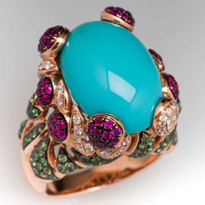 Vintage Inlaid Blue Stone Multicolored CZ Women's Ring Ethnic Gold Color Hand Carving Daily Wear Party Jewelry Anniversary Gift