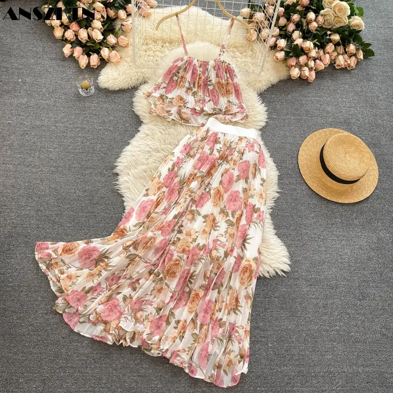 Holiday Suit Suspender Short Top Women's Heavy Industry Pleated Chiffon Skirt Sweet Broken Flower Two-piece Set ANSZKTN