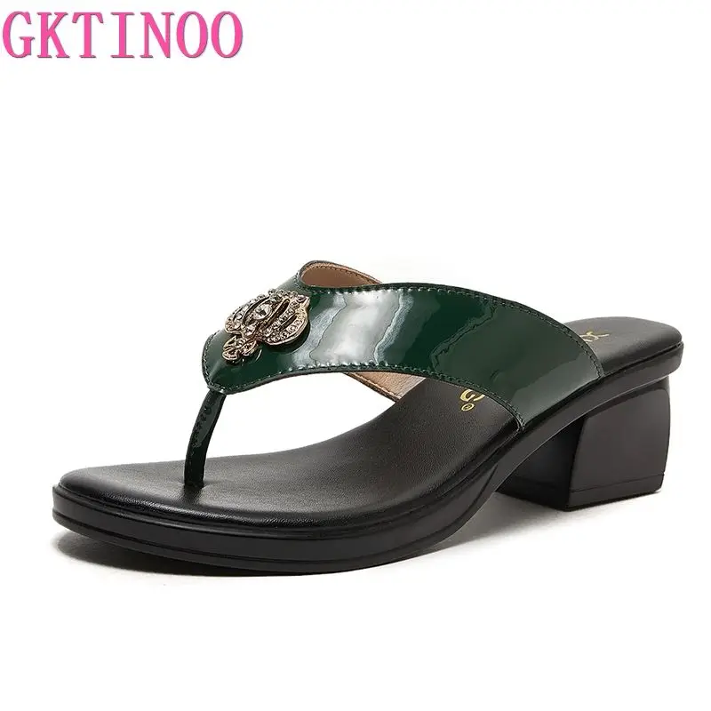 GKTINOO 2024 Summer Women Slippers Patent Leather Slides Shoes Thick Heels Beach Sandals Women Outside Fashion Flip Flops