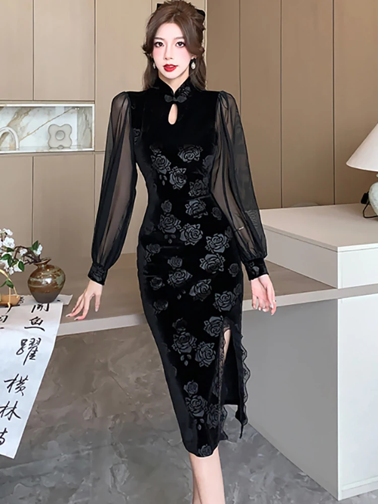 

Autumn Winter Black Velvet Jacquard Floral Long Dress Women Chic Patchowrk Mesh Dress 2023 Korean Elegant Lace Slit Sexy Dresses