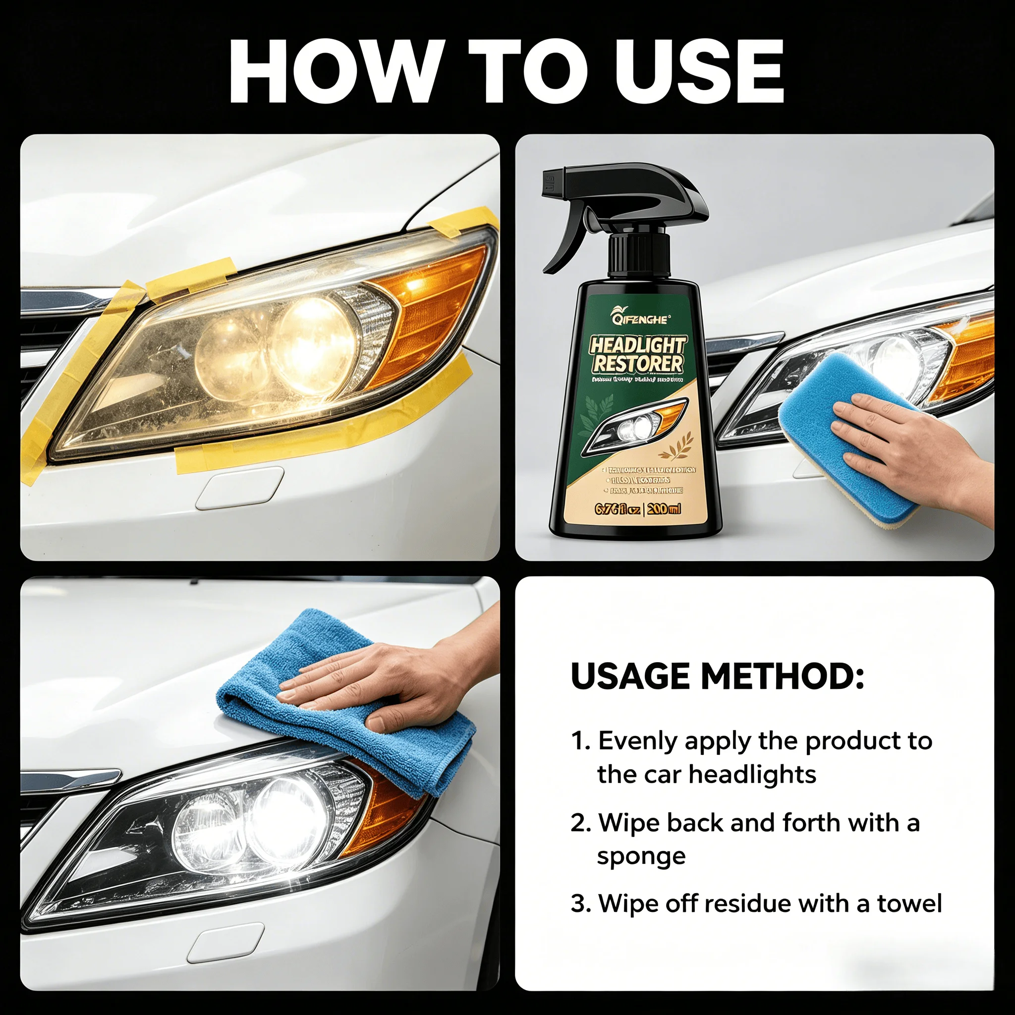 QiFENGHE Headlight Restorer - Hot Sale, 1 Bottle Easy DIY, No Sanding Needed, Restore Dull Faded Yellow Headlights in Minutes