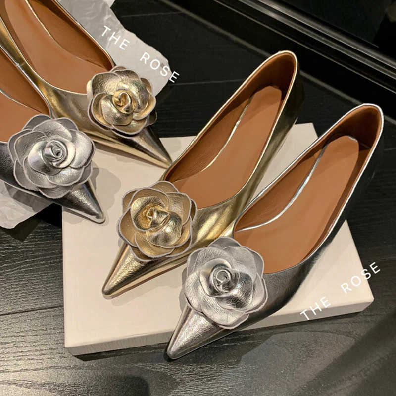 JOZHAMTA Size 33-40 Real Leather Women Wedding Pumps Sexy Pointed Toe Flowers Mid Heels Spring Shoes 2025 Silver Office Dress