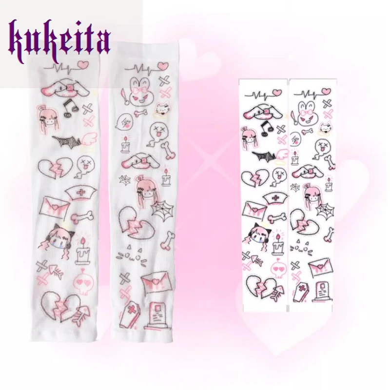 Kukeita Harajuku Gothic Long Fingerless Gloves Y2k Punk Girls Kawaii Cartoon Print Arm Sleeve Mittens Grunge Gloves Streetwear