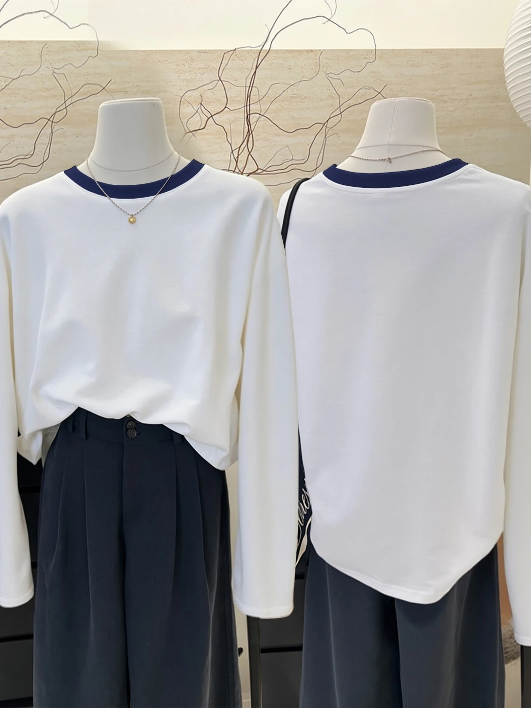 Color Block Long Sleeve round Neck Pure Cotton T Shirt Women Casual Loose Fit Inner Wear Shoulder Level Top for Autumn
