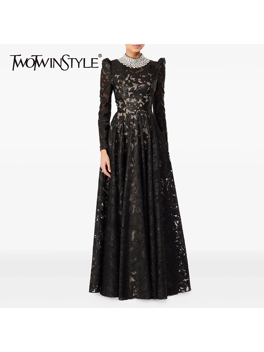 فساتين مطرزة شفافة للتخسيس ملونة من TWOTWINSTYLE للنساء برقبة واقفة وأكمام طويلة فستان خرز مرقع للسيدات #1