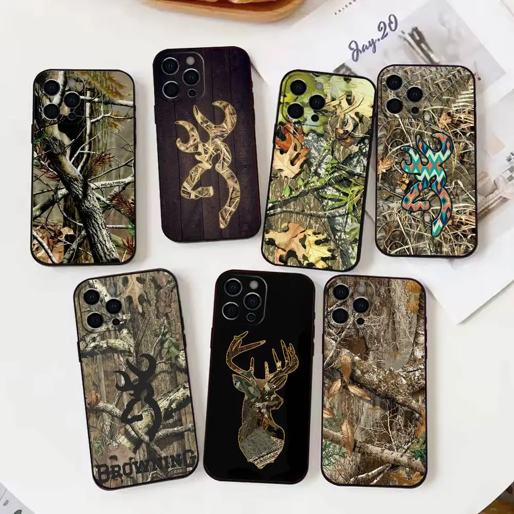D-Deer Hunting Camo  Phone Case For iPhone 17,16,15,14,13,12,11 X XR Plus,Soft Silicone Black Cover