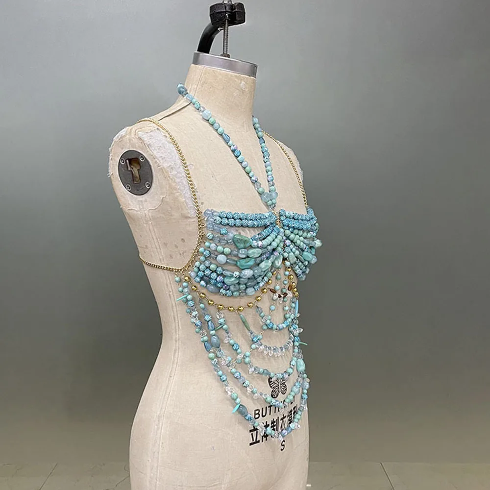 Spice Girls Handmade Bra Rhinestone Beaded Hollow Hanging Neck Tassel Halter Music Party Body Jewelry