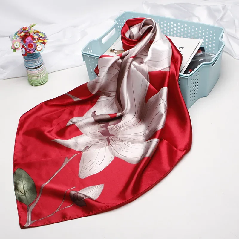 90*90cm Women Scarves Wraps Square Shawl Floral Print Hijab Scarf For Ladies Bandana Head Bag  Orange Kerchief