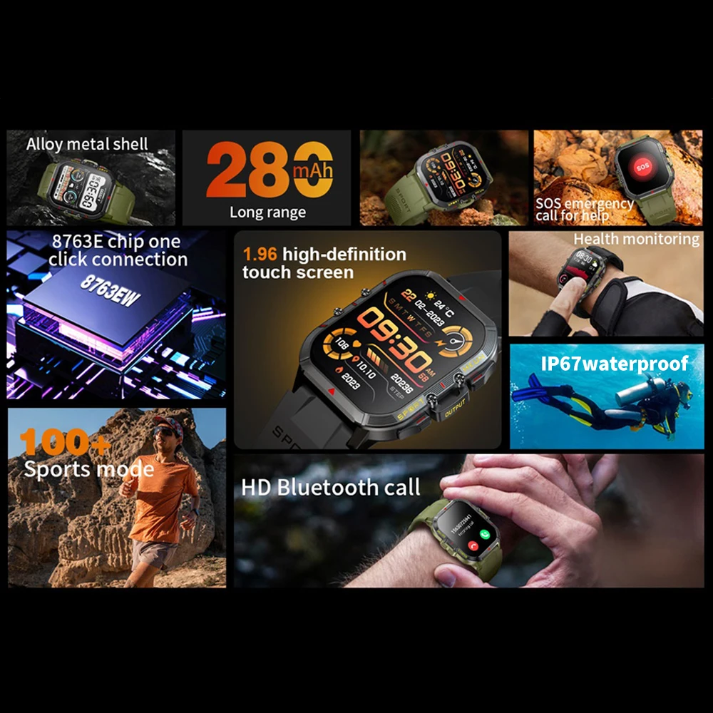 ساعة ذكية مقاومة للماء للاتصال بالبلوتوث للرجال ، شاشة ، مساعد صوت SOS ، معدل ضربات القلب ، جهاز مراقبة الصحة ، اللياقة البدنية ، الرياضة ، في الهواء الطلق