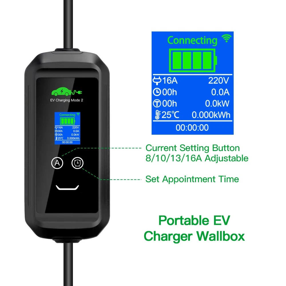 Isigma APP GBT EV Charger 8 10 13 16A Adjustable 3.6kw or Fixed GB Charger IP66 220V~250V Home Use with Schuko Plug 5m Long