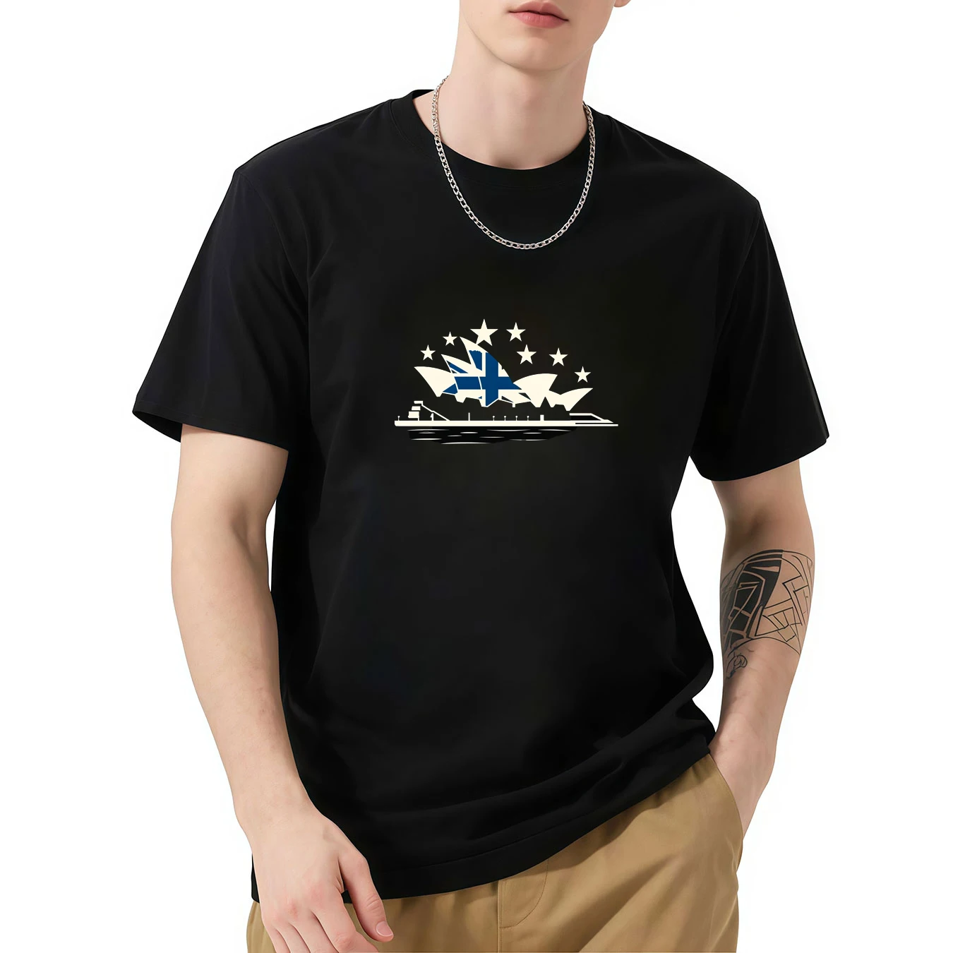 

Casual Cotton Short Sleeve Tee with Sydney Opera House & Stars Print, O Neck Basic Male Top for Daily Wear