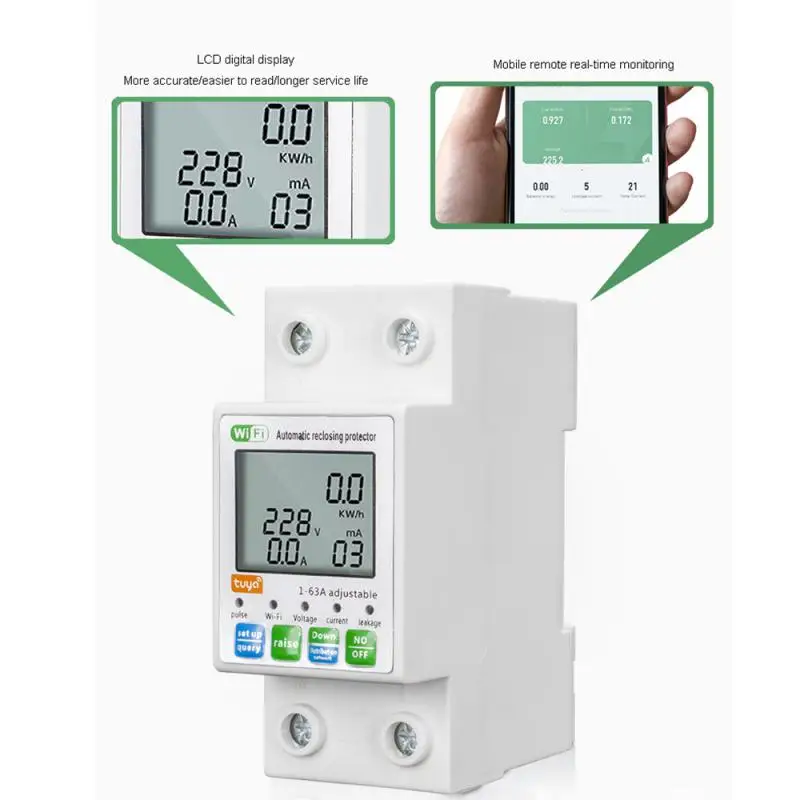 Tuya-Disjoncteur intelligent WiFi, compteur prépayé, moniteur de puissance, protection contre les surtensions et les sous-tensions, 2P63A, protection contre le clivage