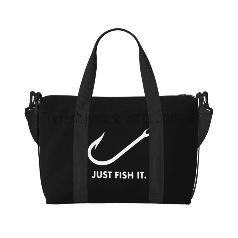 Custom Fishing Just Fish It Travel Duffel Bag Waterproof Weekender Overnight Bags with Shoulder Strap Foldable Sports Gym Bag