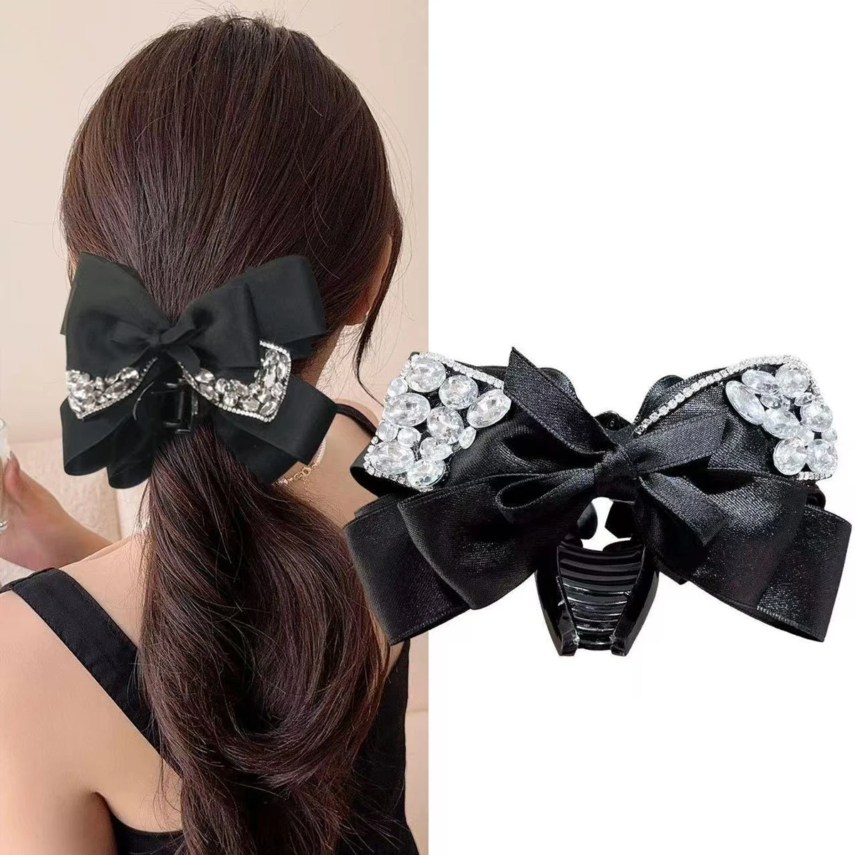 1 Stück hochwertige Haarspange mit glitzerndem Diamant-Satin-Schleifen-Design in Schwarz, modische Haarspange für den Hinterkopf, Haaraccessoire – Detail 3