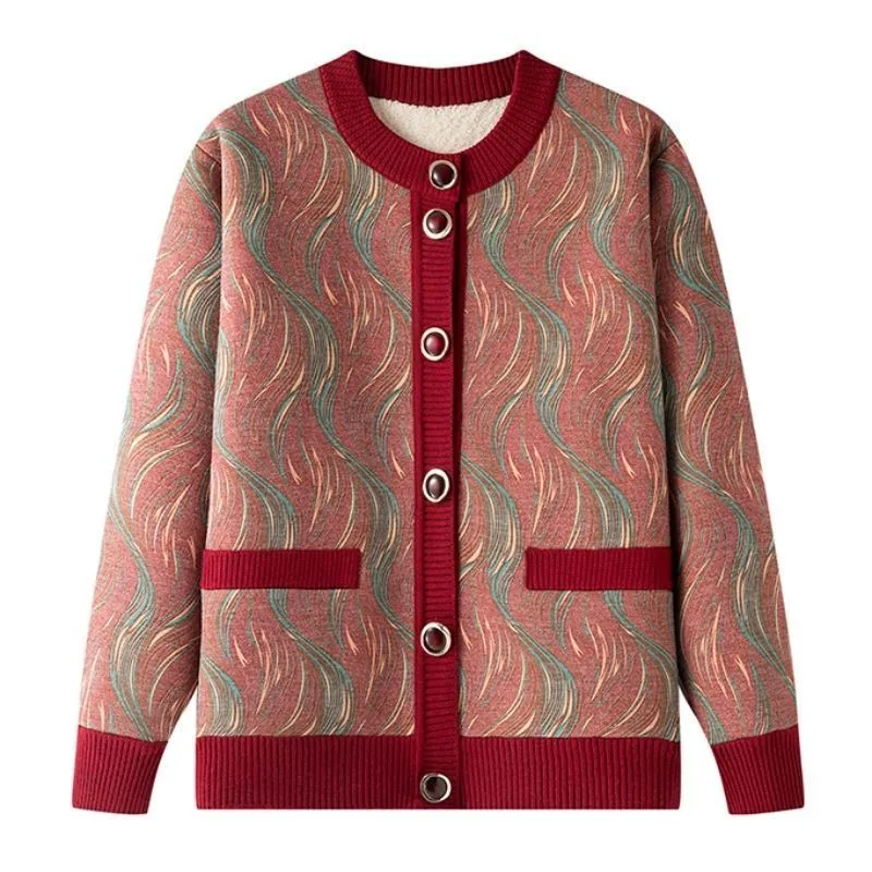 Elderly Women Fleece Lined Cardigan Winter Wave Print Warm Loose Grandma Jacket