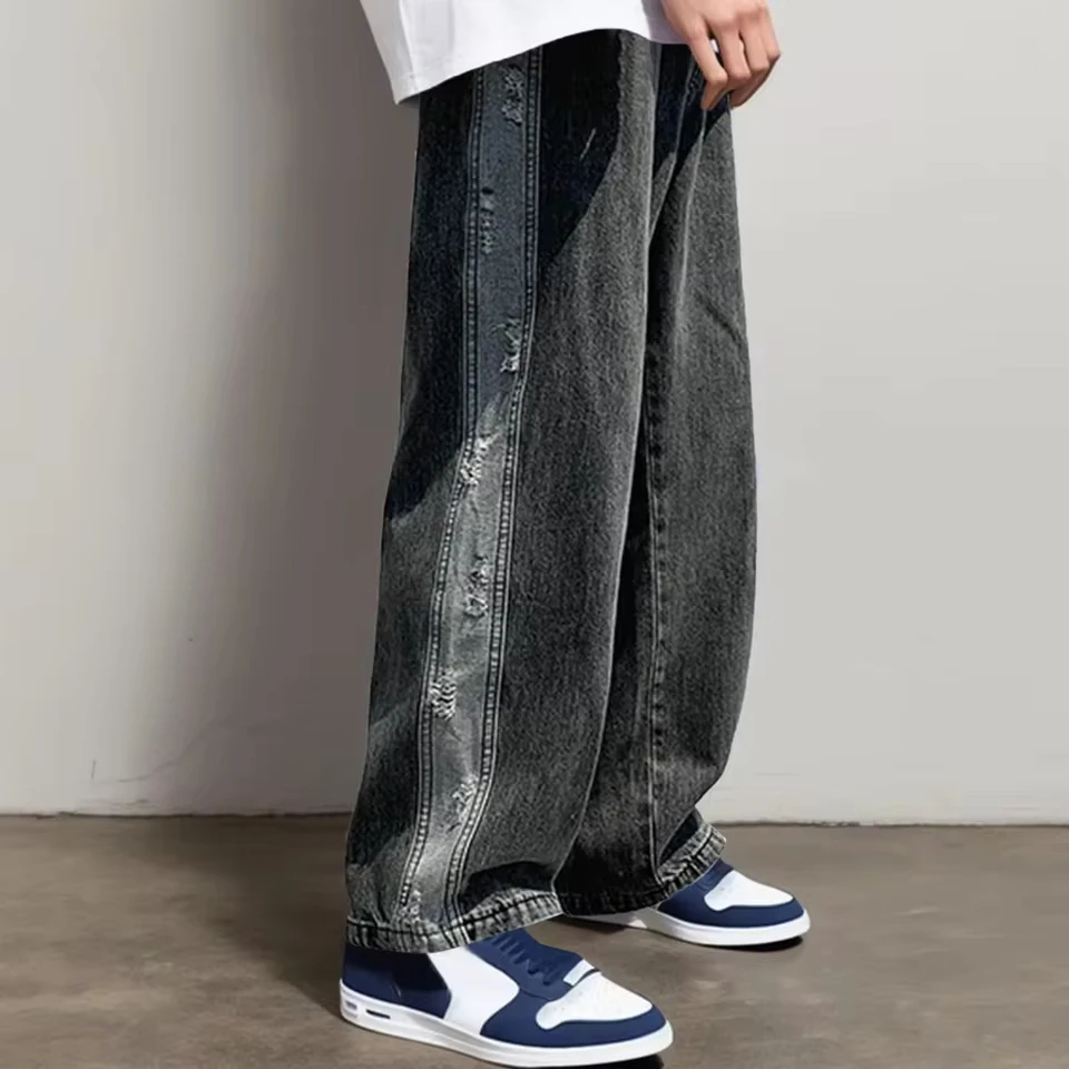 Men'S Casual Jeans American Grunge High Street Pants Y2k Men Jeans Solid Denim Trousers Wide Leg Straight