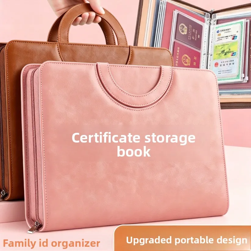 A4 Multi Compartment Document Organizer Binder with Leather Cover 40 Inner Page Sleeves Zipper Pouch Set for Family
