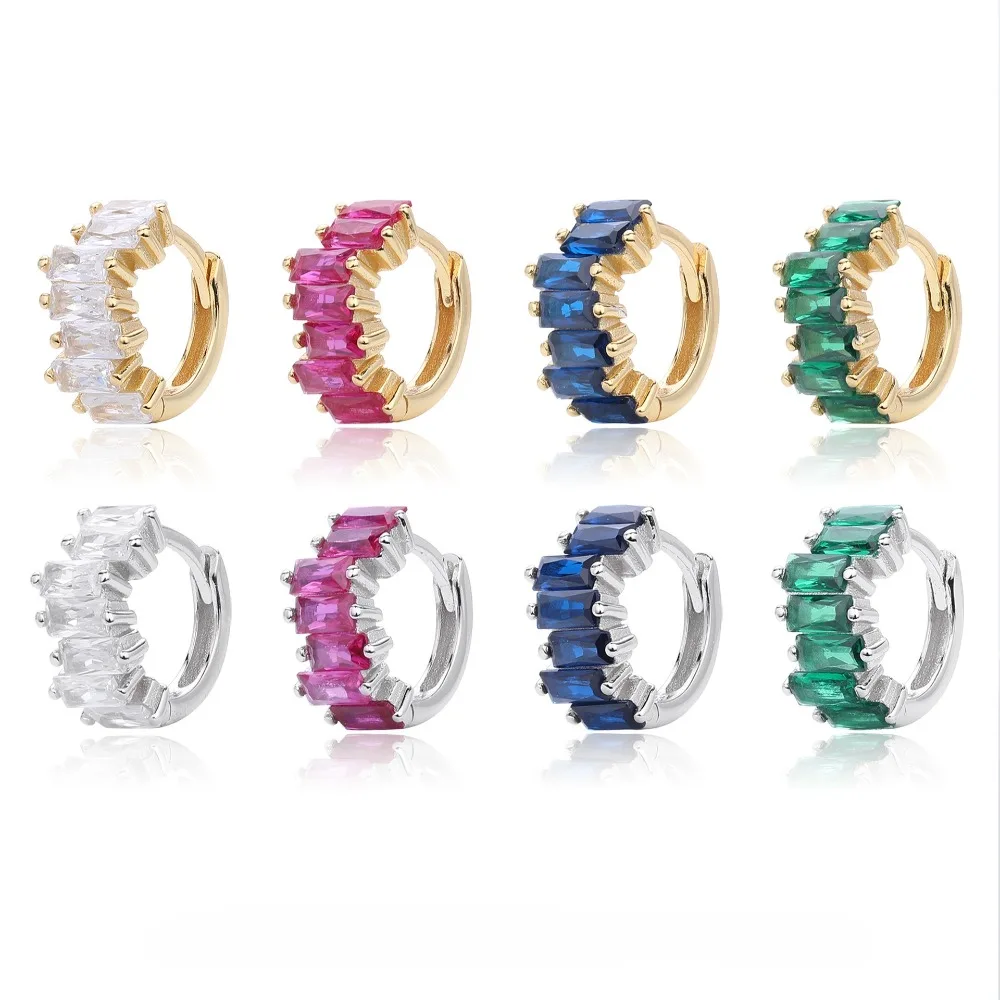 

CCFJOYAS 925 Sterling Silver White/Rose red/Blue/Green Irregular Rectangular Zircon Hoop Earrings for Women Fine Jewelry Gift