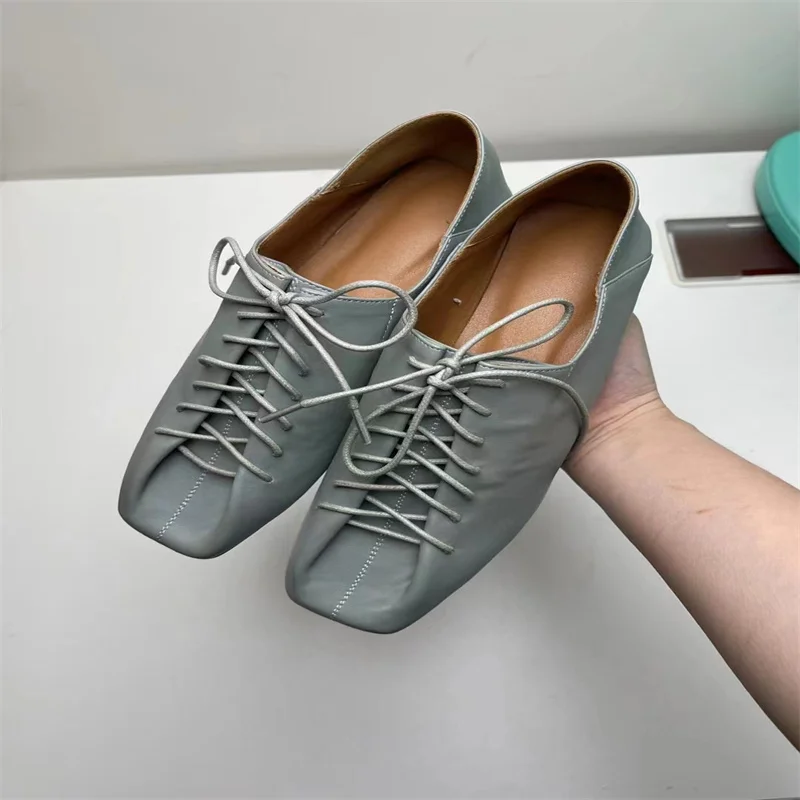 Pleated Shoes for Ladies Square Toes Womens Crossover Strap Chassure Femme Sewing Lines Female Flat Heels Lace-up Zapatos Mujer