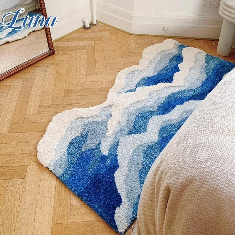 Ocean Sea Wave Tufted Rugs for Bedroom Bedside Floor Mat Creative Aesthetic Fluffy Soft Blue Wave Flocking Carpet Kid Home Decor