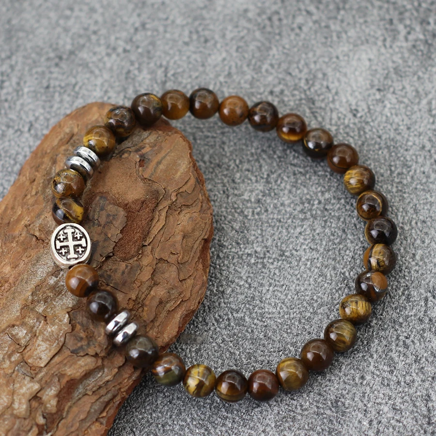 Retro Cross Bracelet For Men Holy Mother Symbol Prayer Beaded Braslet 6mm Natural Tiger Eyes Howlite Hematite Healing Braclet