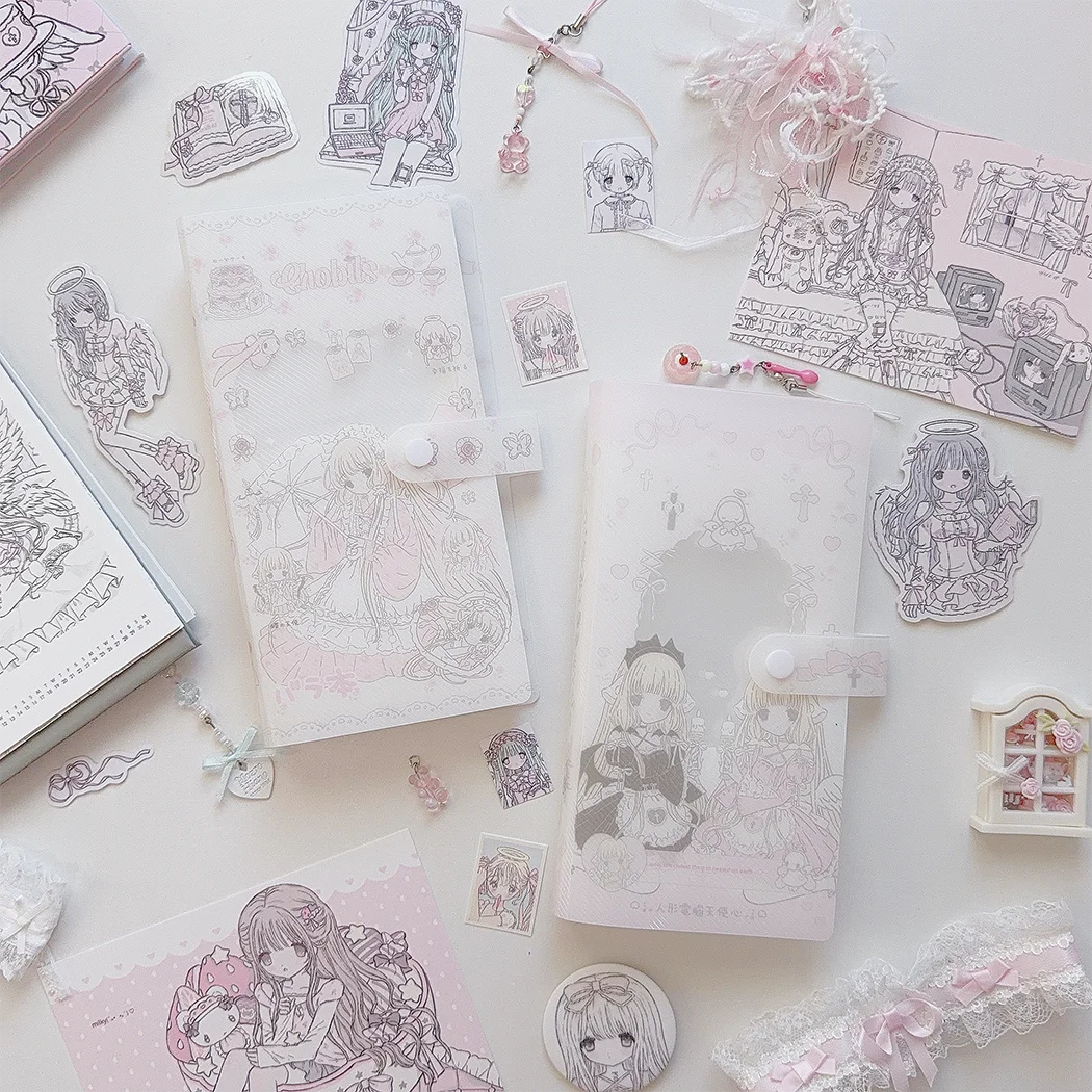 Sweet Lolita Girl Design PP Sticker & Postcard Binder, Fixed Page Long Strip Kawaii Collection Album for Journaling & Kpop Goods