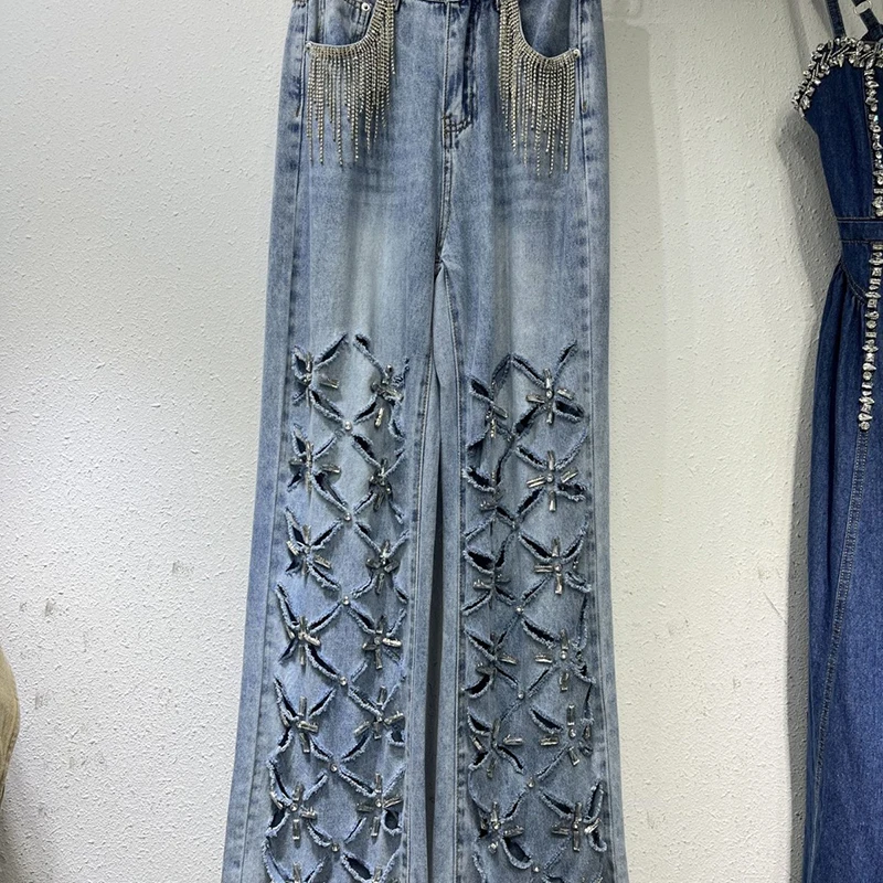 

Hot Drilling Tassels Holes Straight Denim Pants High Waist Hollow Diamonds Beaded Fringed Ripped Jeans Trousers Pantalones