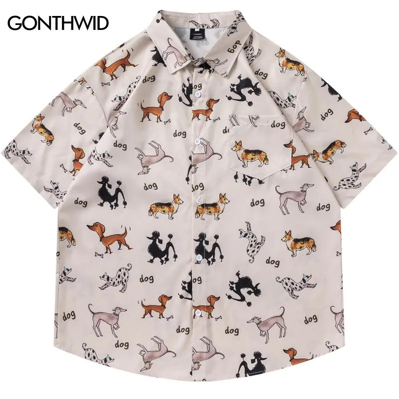 Harajuku Hawaiian Shirts Cartoon Dog Graphic Printed Button Up Short Sleeve Beach Blouse Streetwear Hip Hop Baggy Summer Tops