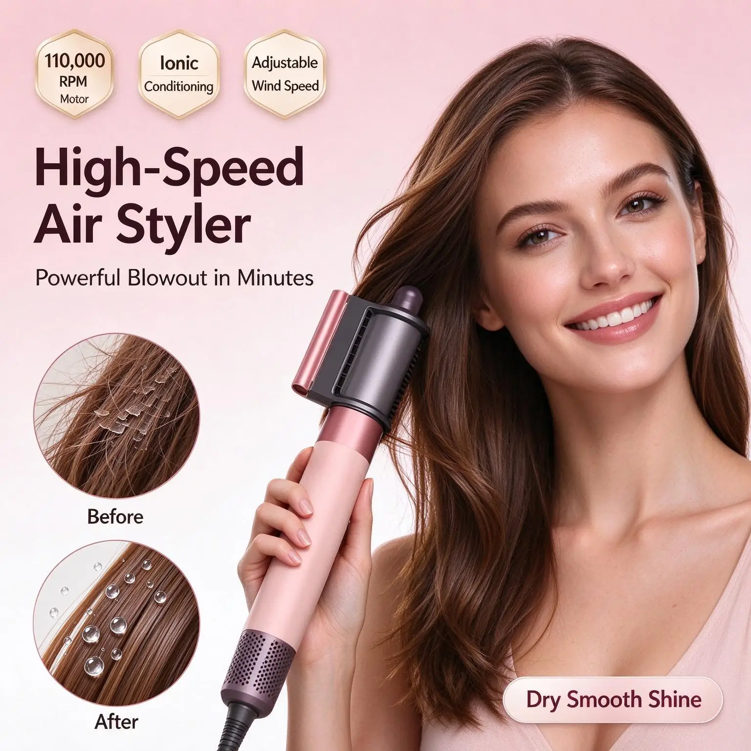 6 in 1 Hair Styler Negative Ion Hot Air Brush Auto Wrap Curler NTC Temp Control for Straightening Curling Volumizing