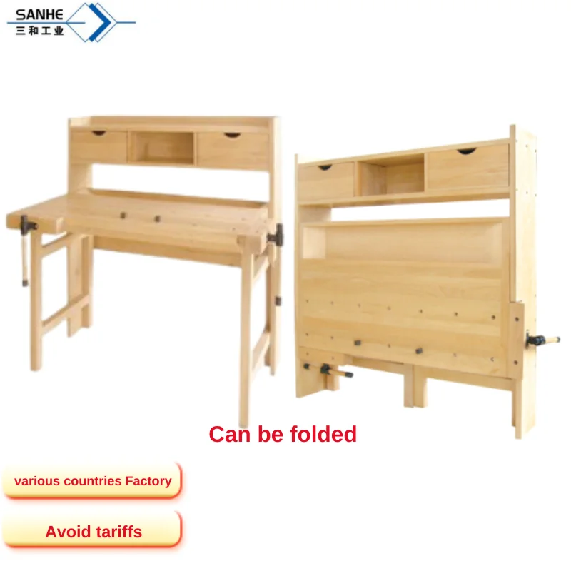 Two Drawers Birchwood & Rubberwood Portable Foldable Workbench New Condition for Woodworking & Jewelry Table Work