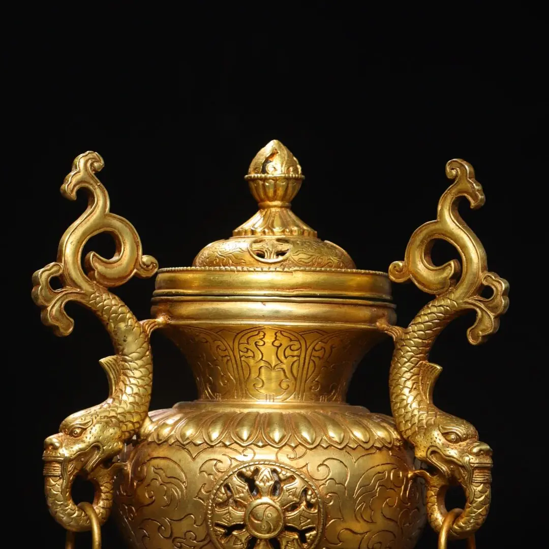 Tibetan Style Brass Gold Plated Dragon Incense Burner Hollow Carved Home Office Desk Censer Decor