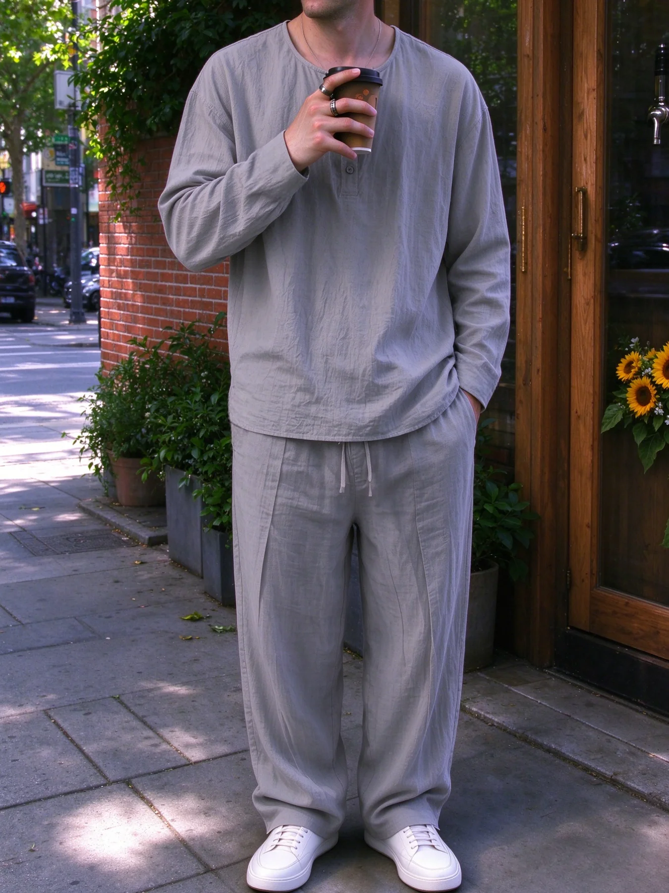 Men 2‑Piece Linen Outfit Set, Long Sleeve Henley Neck Shirt and Loose Straight Drawstring Pants, Casual Breathable Summer Daily