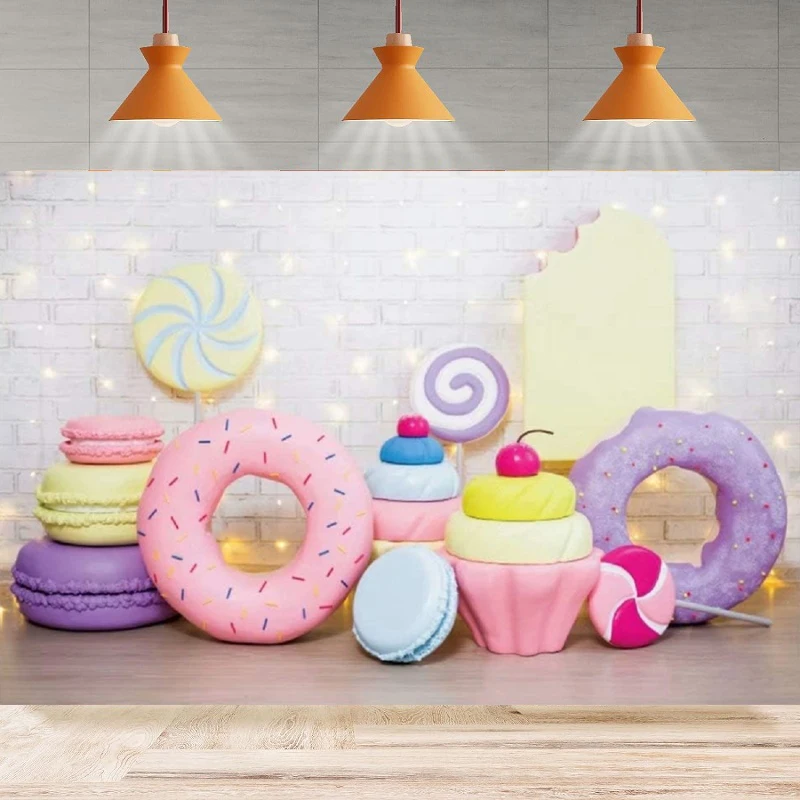 

Photography Backdrop Donut Candy Cake Smash White Brick Wall Background For Baby Shower Party Girl Birthday Portrait Banner