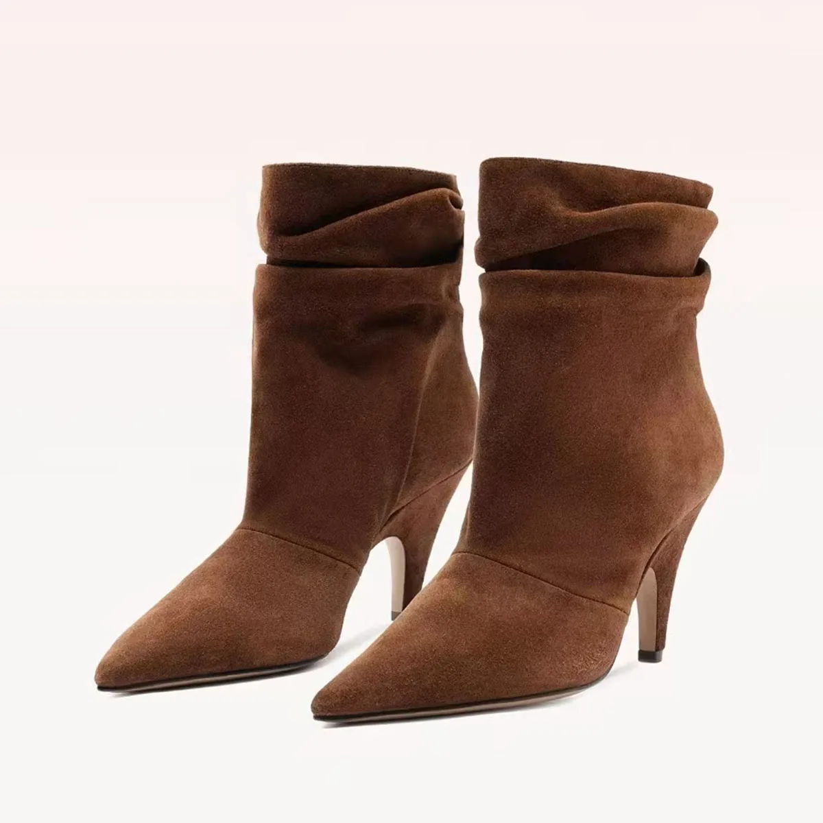 Arden Furtado Autumn Cow Suede Pleated Short boots Pointed toe Slip-on Chunky heels Modern boots Extra large size Women's Boots