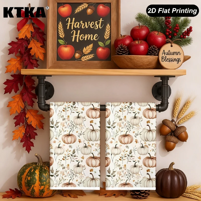 2-Pack White Pumpkin Floral Autumn Kitchen Towels, Absorbent Cleaning Cloths, Autumn Harvest Hand Towels, Autumn Decorations, Thanksgiving Decorations, Thanksgiving Gifts, Farmhouse Washable Seasonal Table Napkins