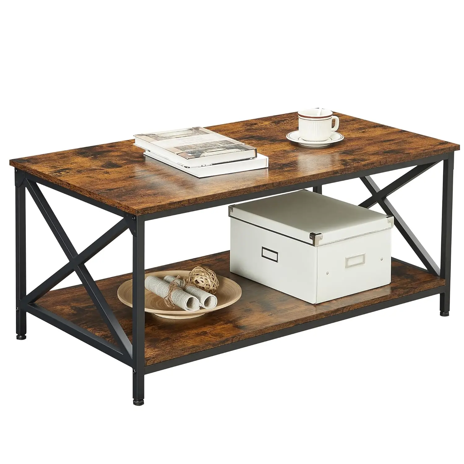 

Coffee Table, Cocktail Table with Storage Shelf and X-Shape Steel Frame, Industrial Farmhouse Style, Customized