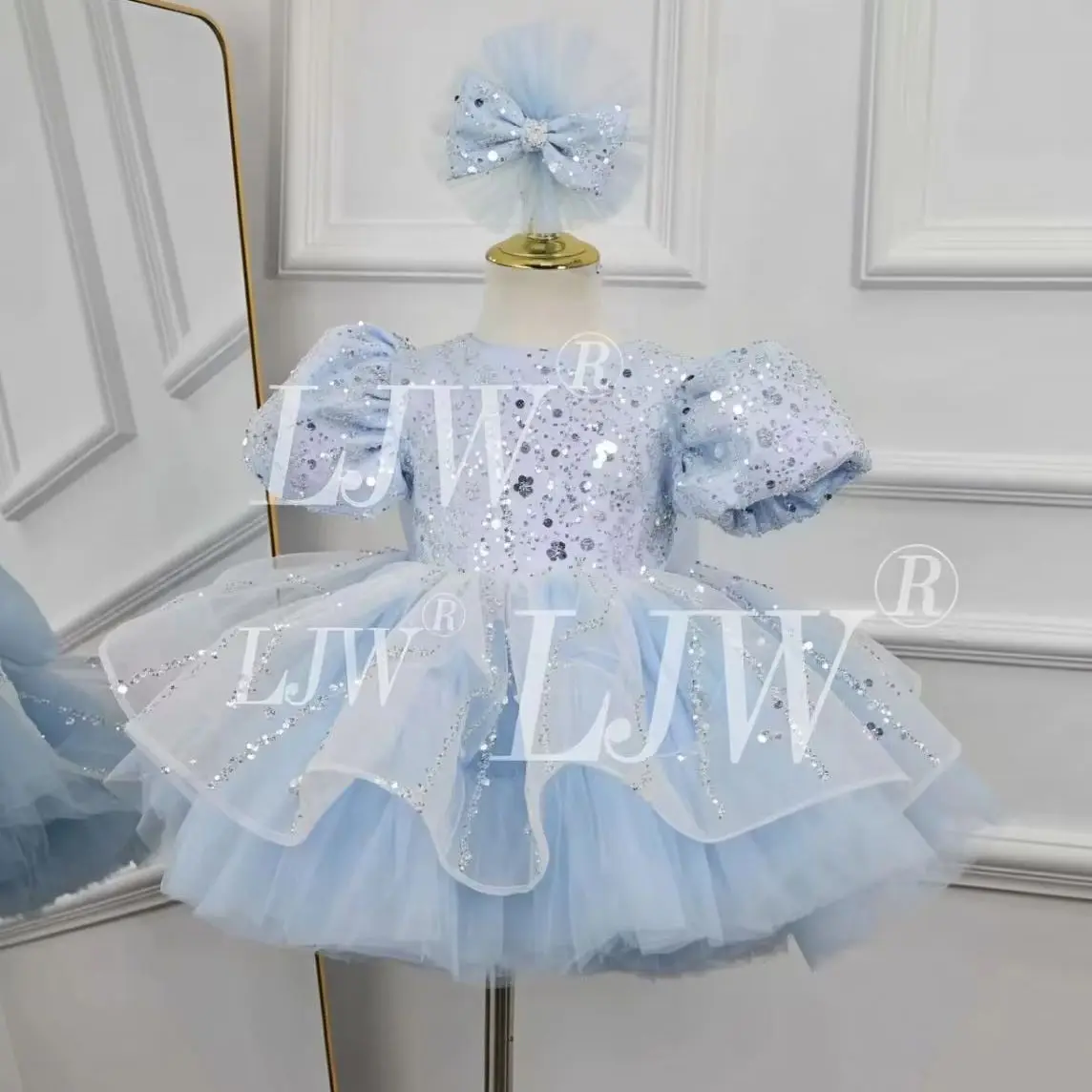 Toddler Baby Girls Blue Sequined First Birthday Tulle Dress Puff Sleeve Princess Ball Gown  beauty pageant Ball Gown Party Weddi