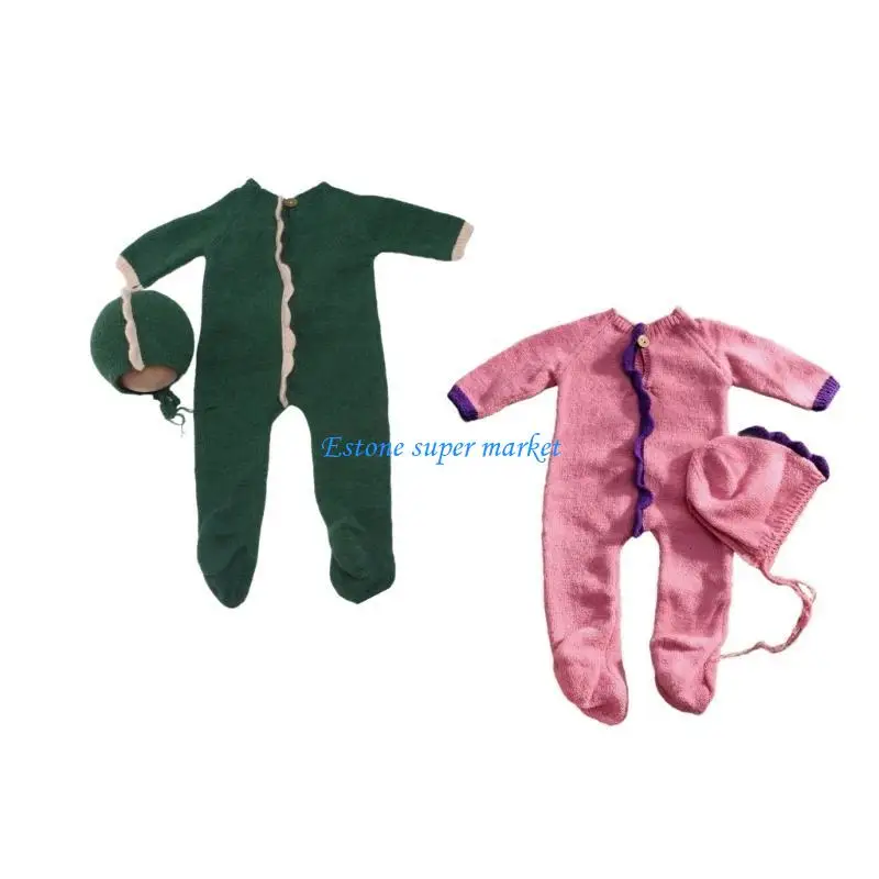 090B Cartoon Knit Jumpsuit Matching Hat Newborns Knitwear for Memorable Photoshoots