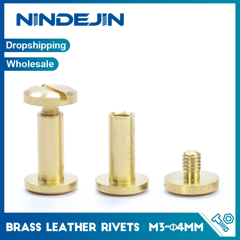 NINDEJIN 10sets OD4mm Brass Chicago Screw Leather Rivets Belt Screw M3 Bookbinding Screw Rivet Nails for DIY Jean Belt Handbag