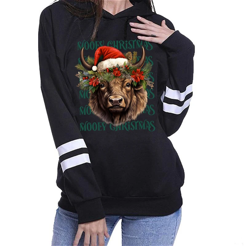 New Women Hooded Hoodies Cow Mooey Christmas Print Hoodies Fashion Pullover Cute Christmas Print Ladies Casual Hoodie Sweatshirt