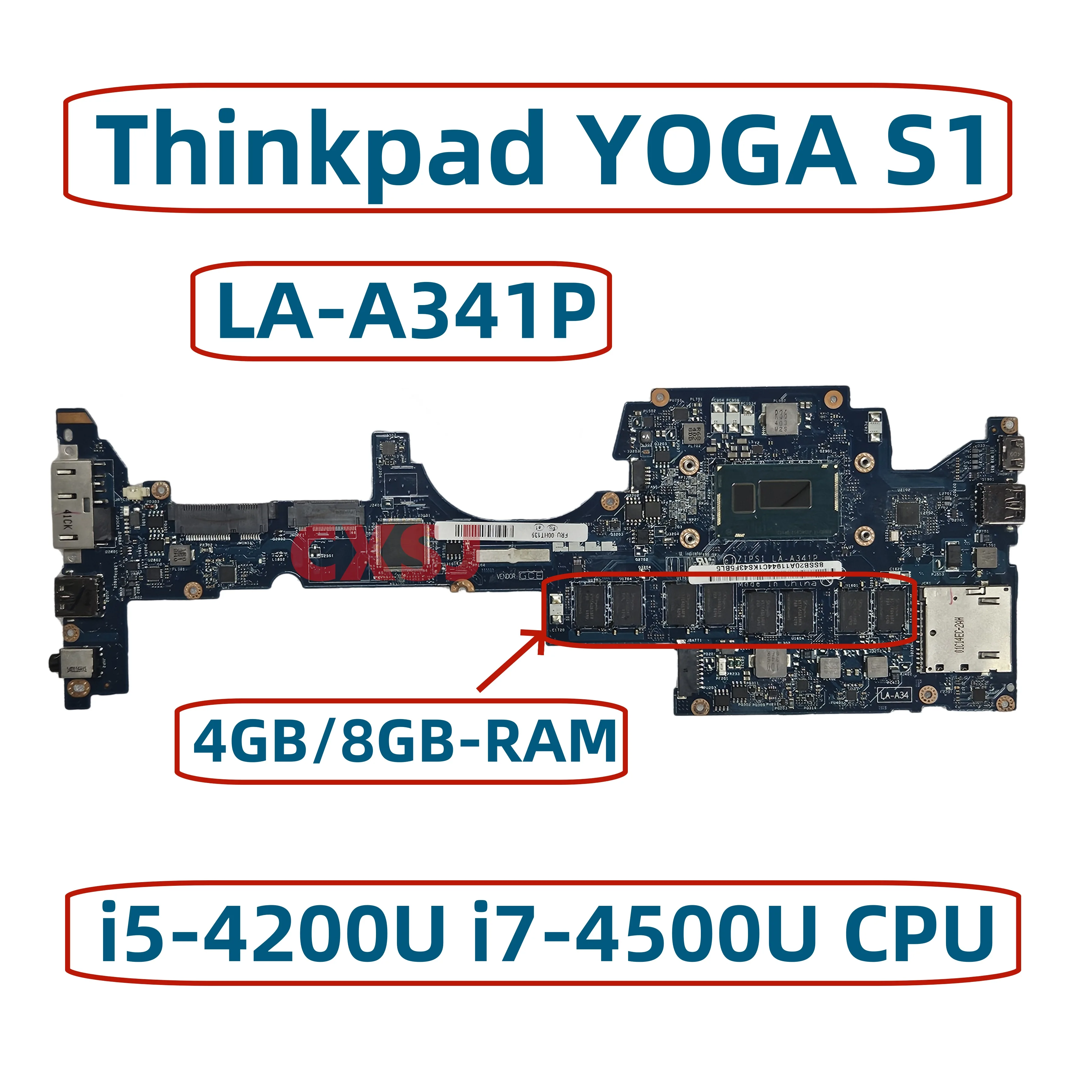 ZIPS1 LA-A341P For Lenovo Thinkpad Yoga S1 Laptop Motherboard With i3-4010U i5-4200U i7-4500U CPU 4GB/8GB-RAM 00HW078 00HT164