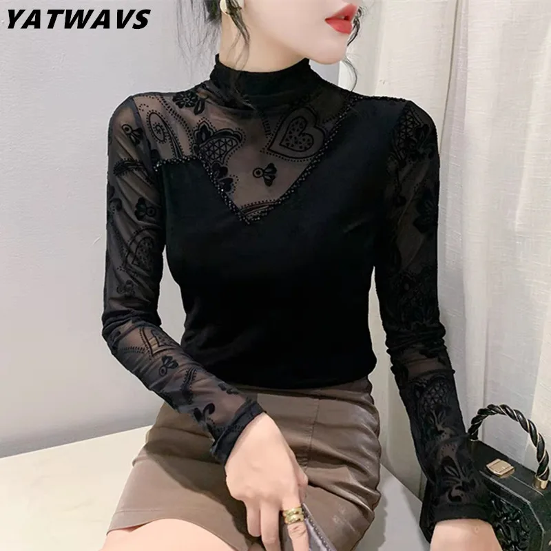 2023 Nieuwe Herfst Europese Lange Mouw Vrouwen T-Shirt Chique Sexy Coltrui Flocking Mesh Patchwork Fluwelen Kralen Slanke T-Shirts Tops